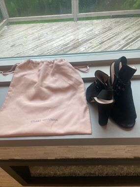 Stuart Weitzman Black Suede Ankle Strap Block Heels with Pink Dust Bag